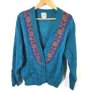 Vintage IVY Hand Knit Cardigan Sweater Teal Granny Cottagecore Button Up Size Sm